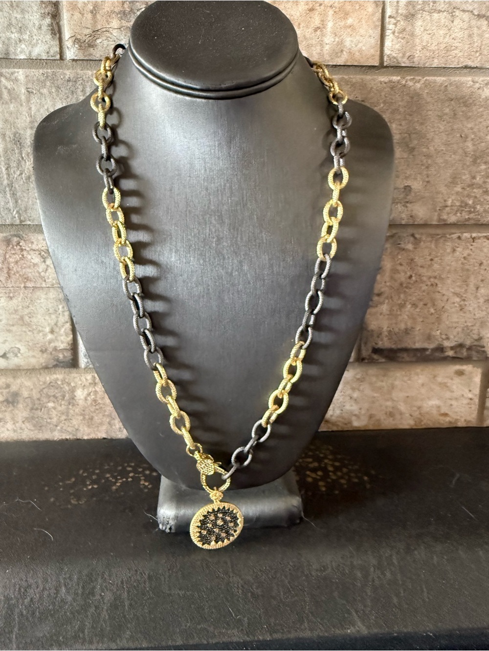 Freida Rothman Gold and Black Chain Necklace with Medallion Pendant